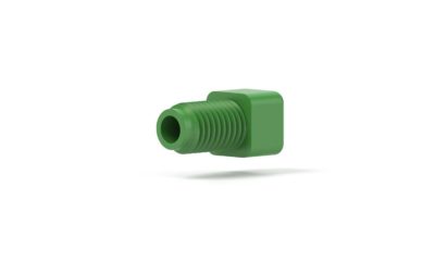 Upchurch Scientific Flanged Fitting with Washer for 1/8 inch OD Tubing, 1/4-28 Flat-Bottom, 5/16 inch Square, Delrin, Green - P-505 - Click Image to Close